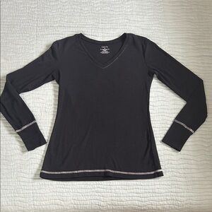 Copper Key Black V-Neck Long Sleeve Top with Contrast Stitching